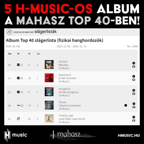 5 H-Musicos album a MAHASZ 50. heti (fizikai hanghordozók) Top 40-es listáján!